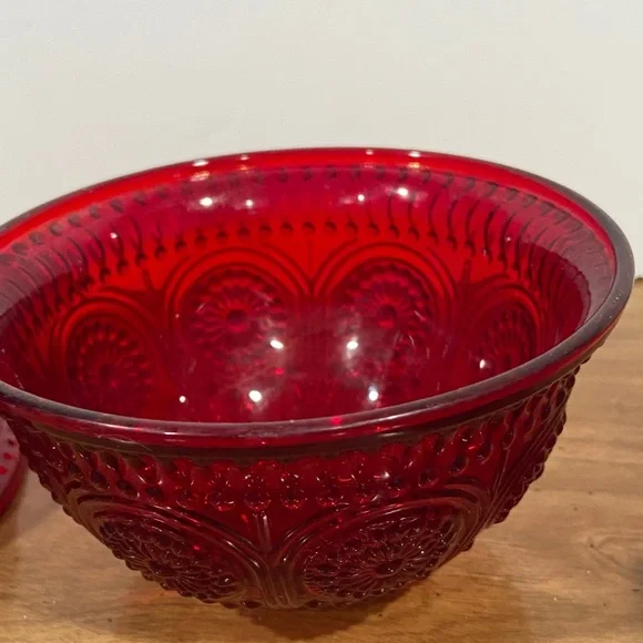 Pioneer Woman Red Glass Berry Bowls Set of 2 – Cranberry Pressed Glass - Picture 7 of 9